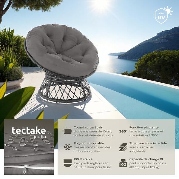 TECTAKE - Fauteuil papasan en rotin Gargano rotatif noir - large