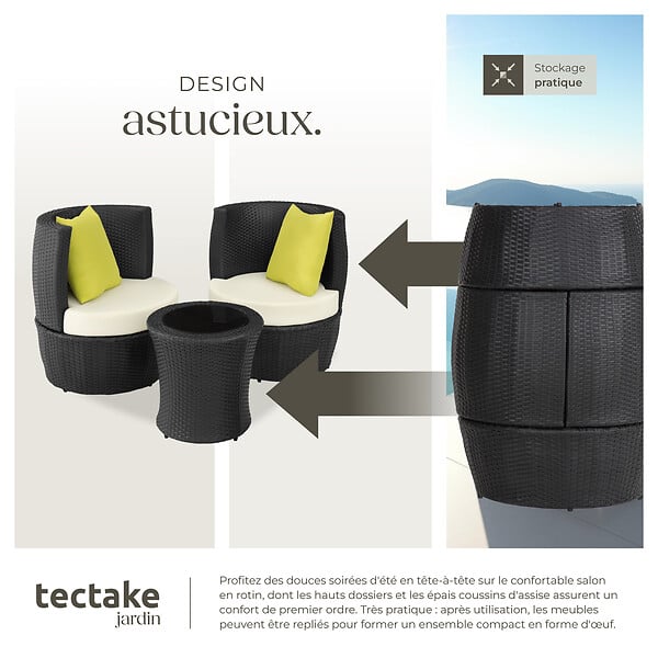 TECTAKE - Ensemble de salon en rotin et aluminium Nice 2+1+1 noir - large