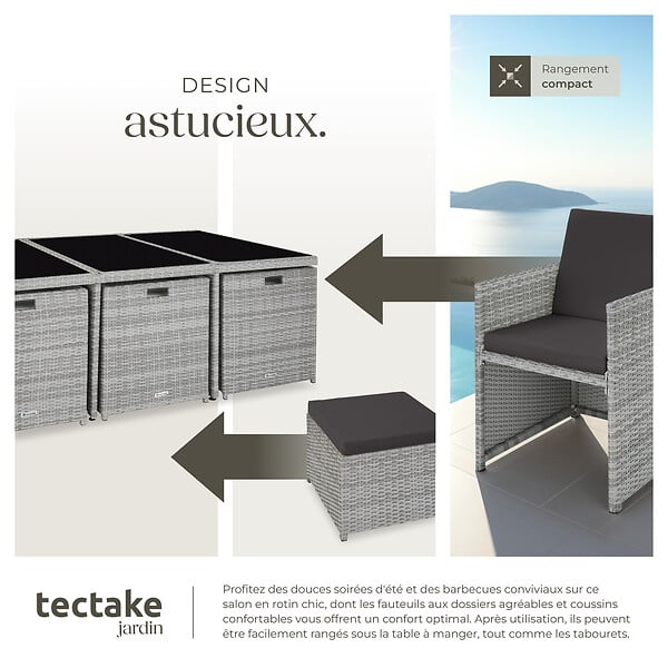 TECTAKE - Salon de jardin 10 places gris clair encastrable housses hydrofuge salon extérieur - large
