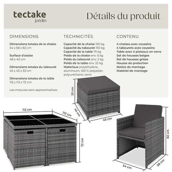 TECTAKE - Salon de jardin 8 places en résine tressée gris avec 2 sets housses déperlantes protection - large