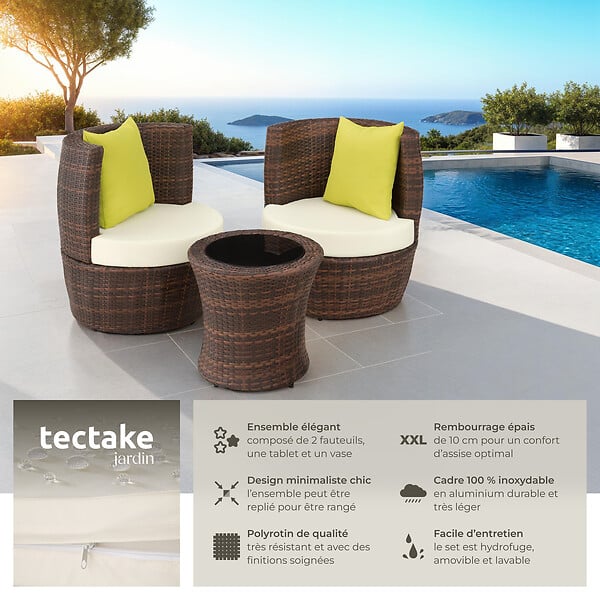 TECTAKE - Ensemble de salon en rotin et aluminium Nice 2+1+1 noir/marron - large