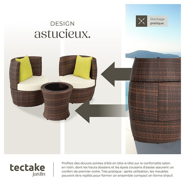 TECTAKE - Ensemble de salon en rotin et aluminium Nice 2+1+1 noir/marron - large