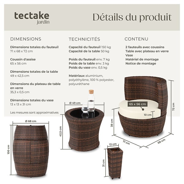 TECTAKE - Ensemble de salon en rotin et aluminium Nice 2+1+1 noir/marron - large