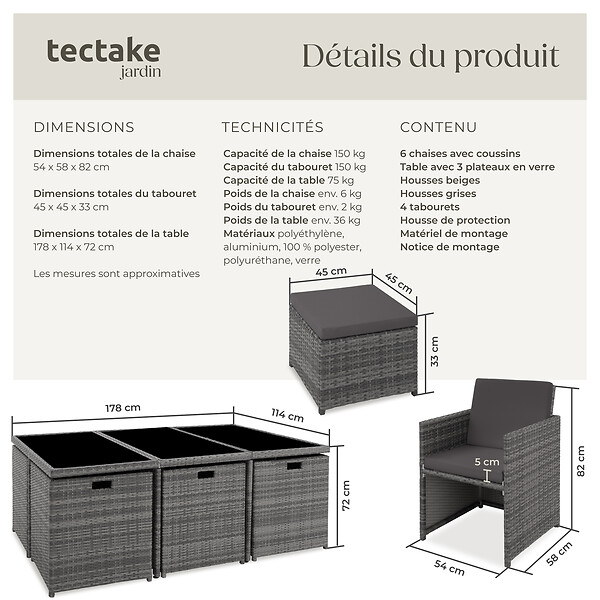 TECTAKE - Salon de jardin 10 places contemporain coussins hydrofuges protégés en verre gris - large