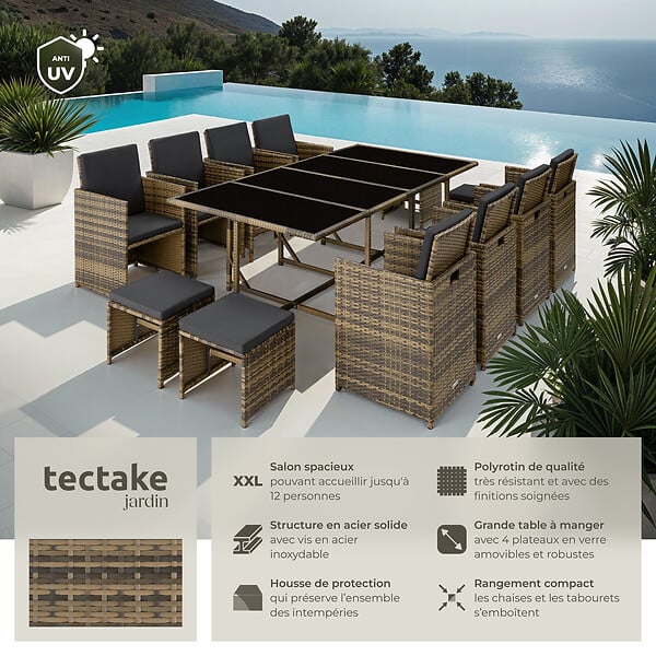 TECTAKE - Salon de jardin 12 places encastrable en marron naturel avec housse de protection en gris foncé - large