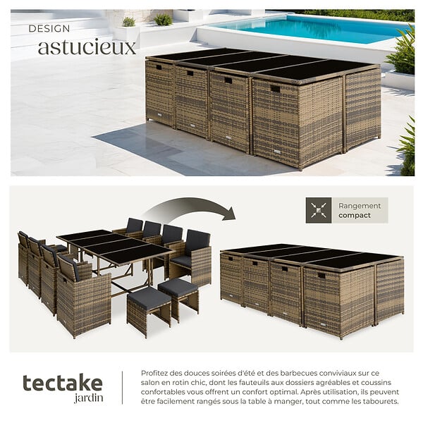TECTAKE - Salon de jardin 12 places encastrable en marron naturel avec housse de protection en gris foncé - large