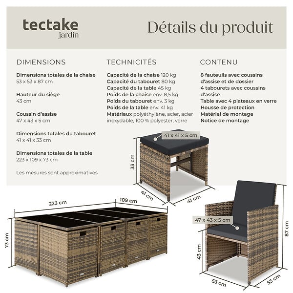 TECTAKE - Salon de jardin 12 places encastrable en marron naturel avec housse de protection en gris foncé - large