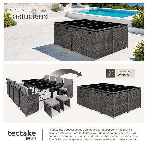 TECTAKE - Salon de jardin en résine tressée 12 places gris clair avec housse de protection encastrable - large