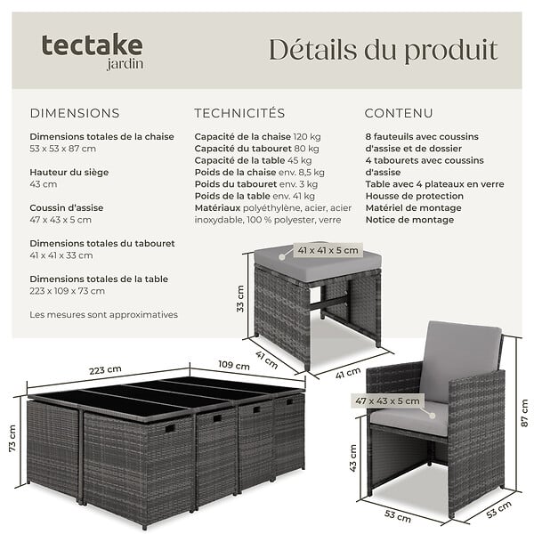 TECTAKE - Salon de jardin en résine tressée 12 places gris clair avec housse de protection encastrable - large