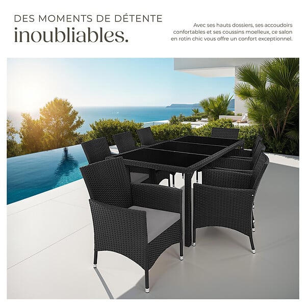 TECTAKE - Salon de jardin 8 places noir gris en résine tressée avec housse de protection incluse facile à entretenir - large