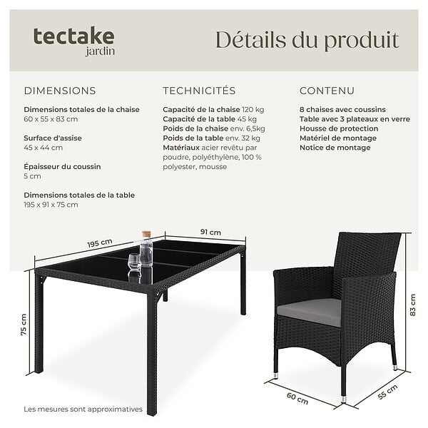 TECTAKE - Salon de jardin 8 places noir gris en résine tressée avec housse de protection incluse facile à entretenir - large