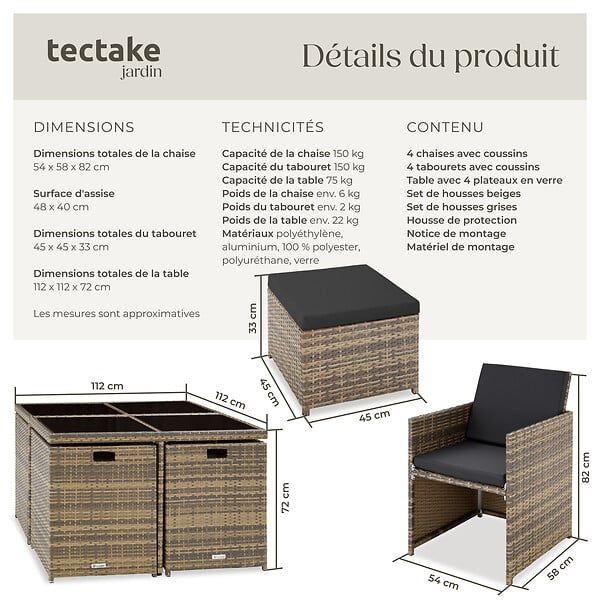 TECTAKE - Salon de jardin MANHATTAN 8 places avec 2 sets de housses + housse de protection, variante 2 marron naturel - large