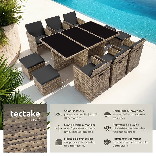 TECTAKE - Salon de jardin en résine tressée 10 places marron naturel housses hydrofuge amovibles et protection - large