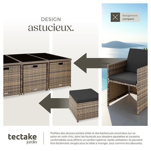 TECTAKE - Salon de jardin en résine tressée 10 places marron naturel housses hydrofuge amovibles et protection - large