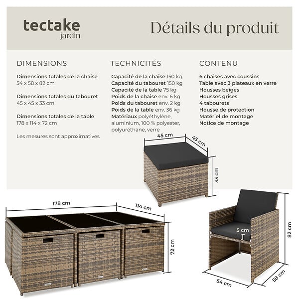TECTAKE - Salon de jardin en résine tressée 10 places marron naturel housses hydrofuge amovibles et protection - large