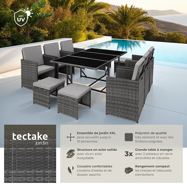 TECTAKE - 10 Places salon de jardin encastrable avec housse de protection gris assise confortable entretien facile - large