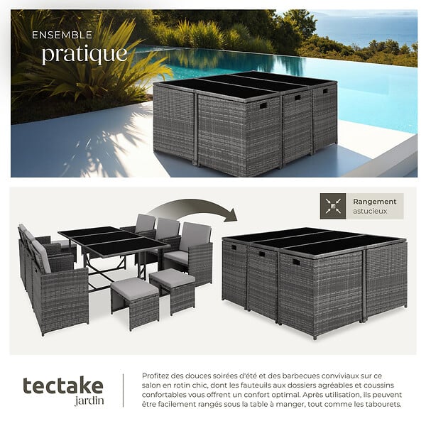 TECTAKE - 10 Places salon de jardin encastrable avec housse de protection gris assise confortable entretien facile - large