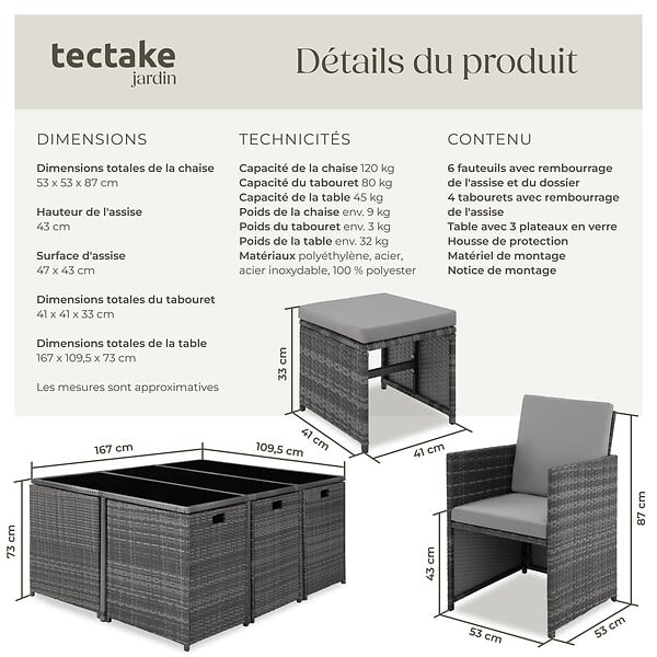 TECTAKE - 10 Places salon de jardin encastrable avec housse de protection gris assise confortable entretien facile - large