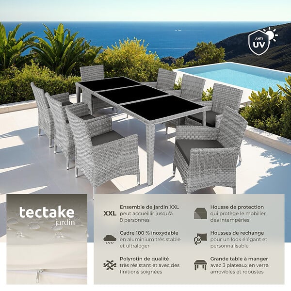 TECTAKE - Salon de jardin Menorca 8 places avec 2 sets de housses + housse de protection gris clair - large