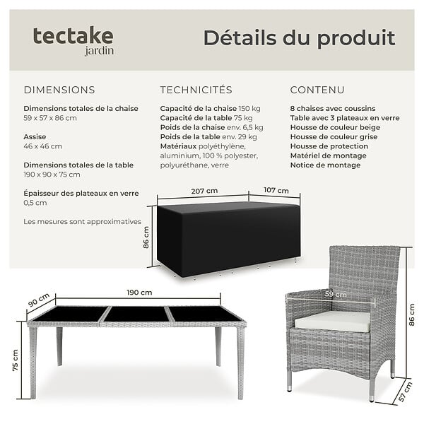 TECTAKE - Salon de jardin Menorca 8 places avec 2 sets de housses + housse de protection gris clair - large
