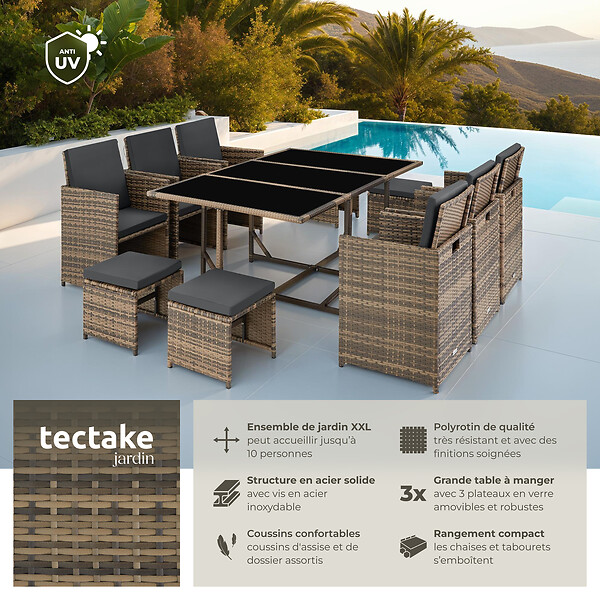 TECTAKE - Salon de jardin résine tressée 10 places housse protection couleur naturelle confort - large