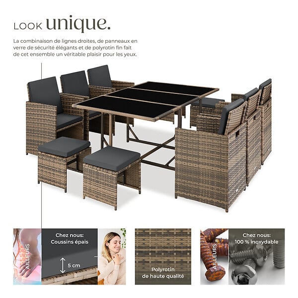 TECTAKE - Salon de jardin résine tressée 10 places housse protection couleur naturelle confort - large