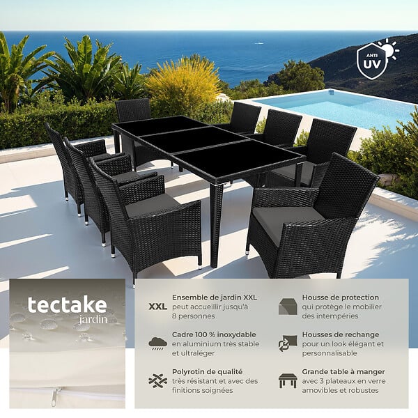 TECTAKE - Salon de jardin Menorca 8 places avec 2 sets de housses + housse de protection noir - large