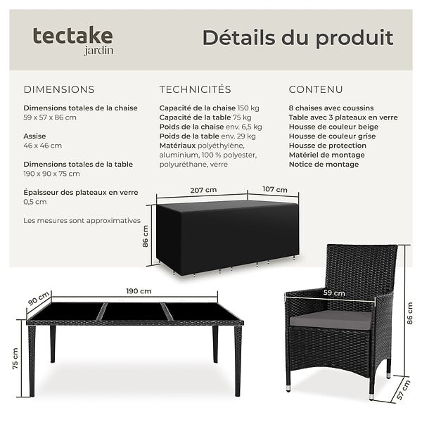 TECTAKE - Salon de jardin Menorca 8 places avec 2 sets de housses + housse de protection noir - large