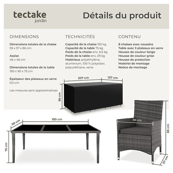 TECTAKE - Salon de jardin Menorca 8 places avec 2 sets de housses + housse de protection gris - large