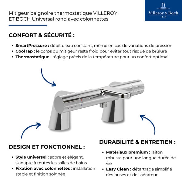 VILLEROY ET BOCH - Mitigeur baignoire thermostatique  Universal rond avec colonnettes - large
