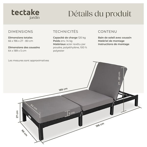 TECTAKE - Bain de soleil SOFIA 6 positions noir - large