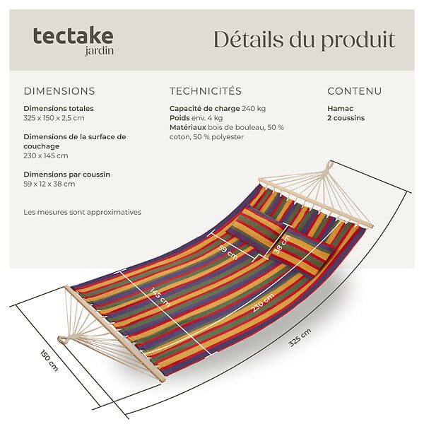 TECTAKE - Hamac double Eden avec des rayures colorées - large