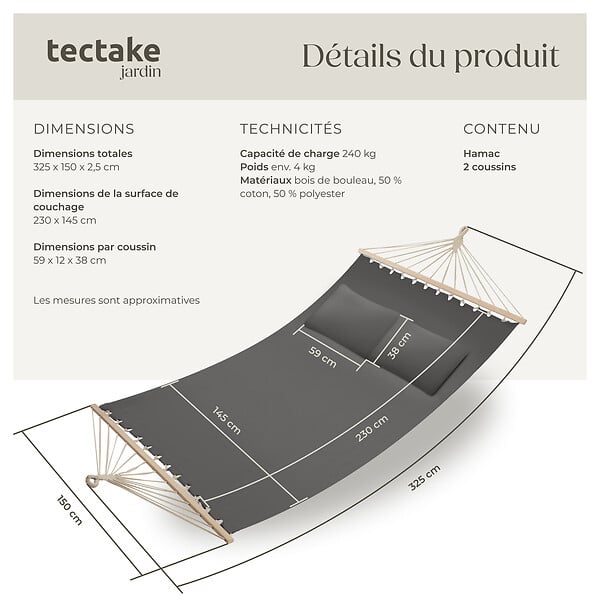 TECTAKE - Hamac double Eden gris foncé - large