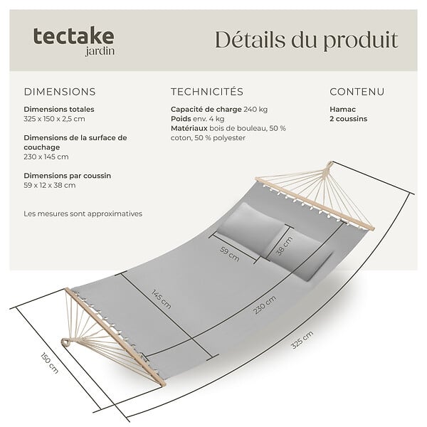 TECTAKE - Hamac double Eden gris clair - large