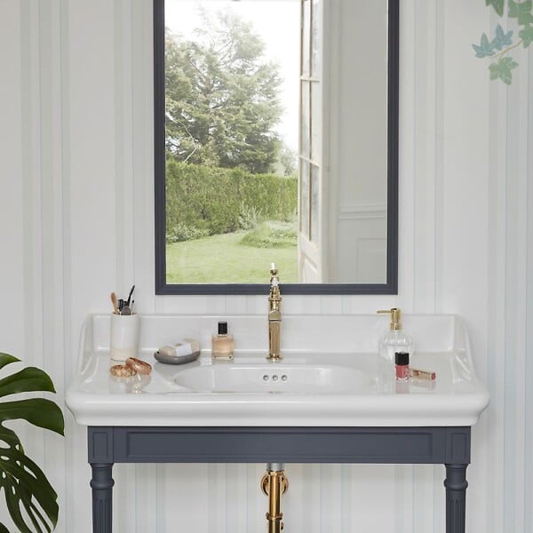 JACOB DELAFON - Console Cléo 1889 avec plan vasque + miroir + robinet lavabo or + siphon or - large