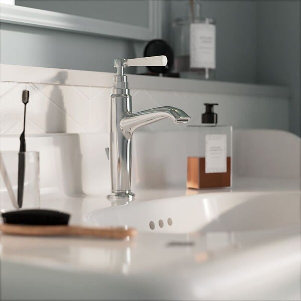 JACOB DELAFON - Console Cléo 1889 avec plan vasque + colonne droite + miroir + robinet lavabo chromé + siphon chromé - large