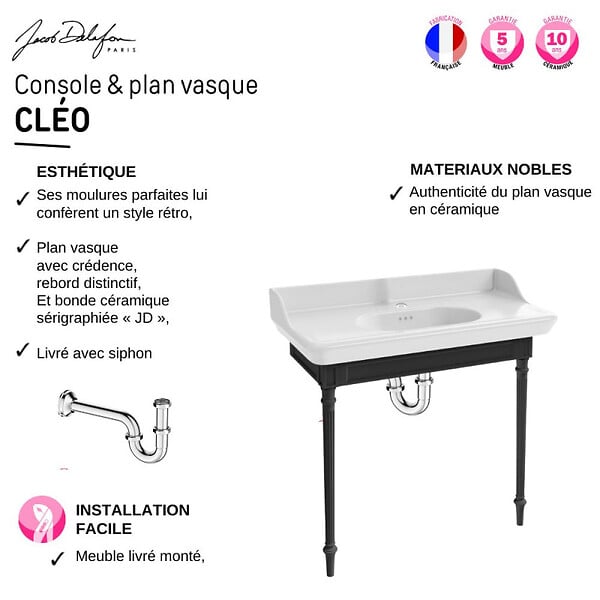 JACOB DELAFON - Console Cléo 1889 avec plan vasque + colonne droite + miroir + robinet lavabo chromé + siphon chromé - large