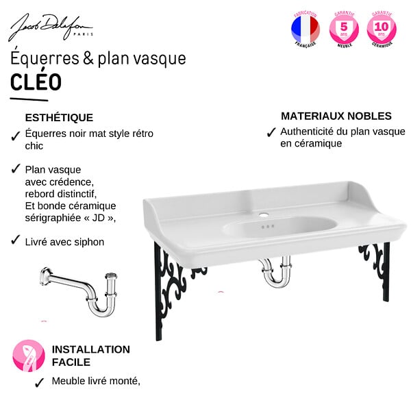 JACOB DELAFON - Pack plan vasque suspendu Cléo 1889 + colonne droite + robinet chromé + siphon chromé - large