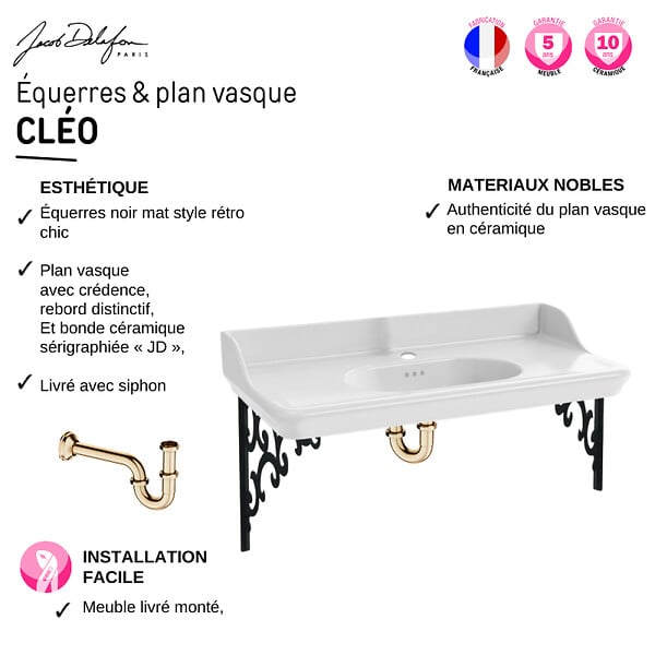 JACOB DELAFON - Pack plan vasque suspendu Cléo 1889 + colonne droite + robinet or + siphon or - large