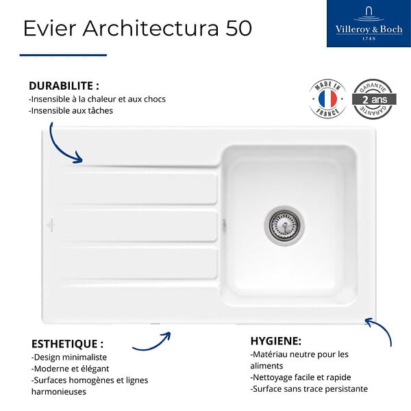 VILLEROY ET BOCH - Evier  Architectura 50 Pure Black - Vidage automatique inclus - large