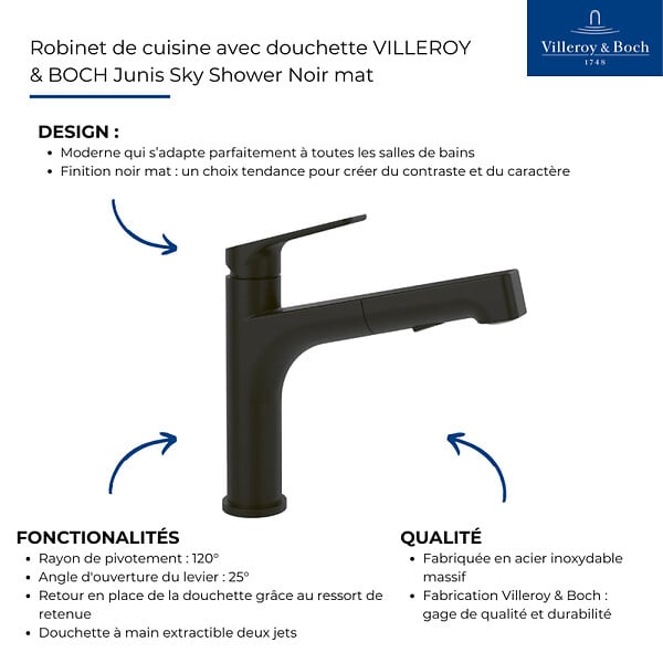 VILLEROY ET BOCH - Robinet de cuisine avec douchette Junis Sky Shower Noir mat - large