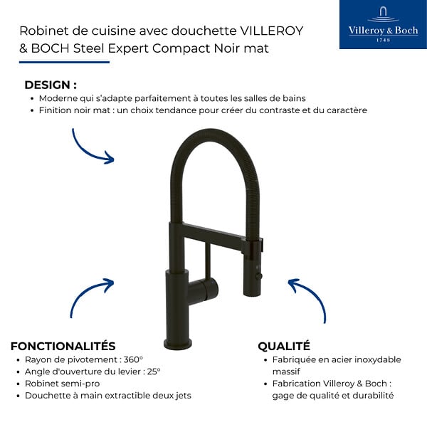 VILLEROY ET BOCH - Robinet de cuisine avec douchette Steel Expert Compact Noir mat - large