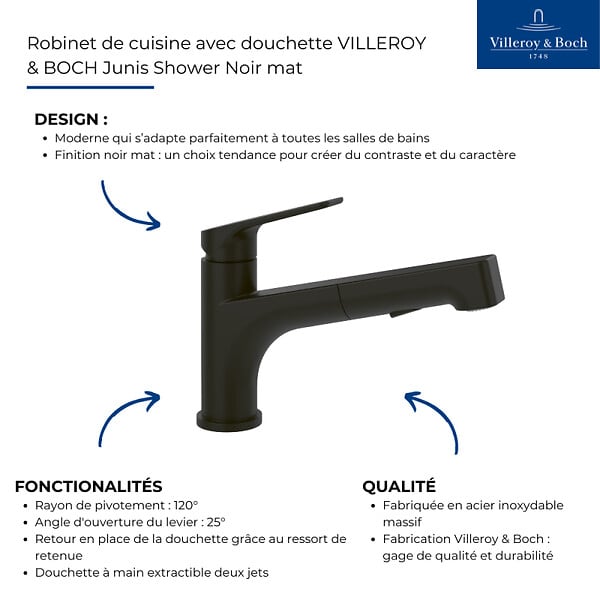 VILLEROY ET BOCH - Robinet de cuisine avec douchette Junis Shower Noir mat - large