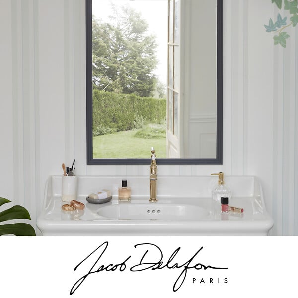 JACOB DELAFON - Pack plan vasque suspendu Cléo 1889 + colonne droite + miroir + robinet chromé + siphon chromé - large