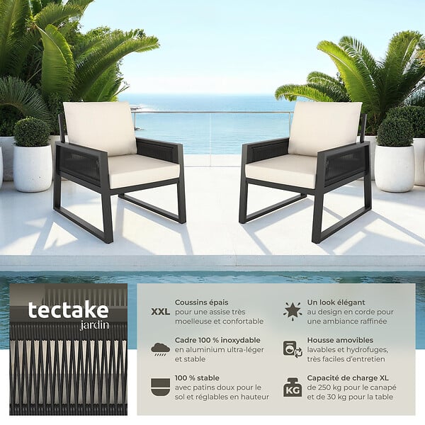 TECTAKE - Ensemble de salon de jardin en aluminium Captive au design Rope gris anthracite - large