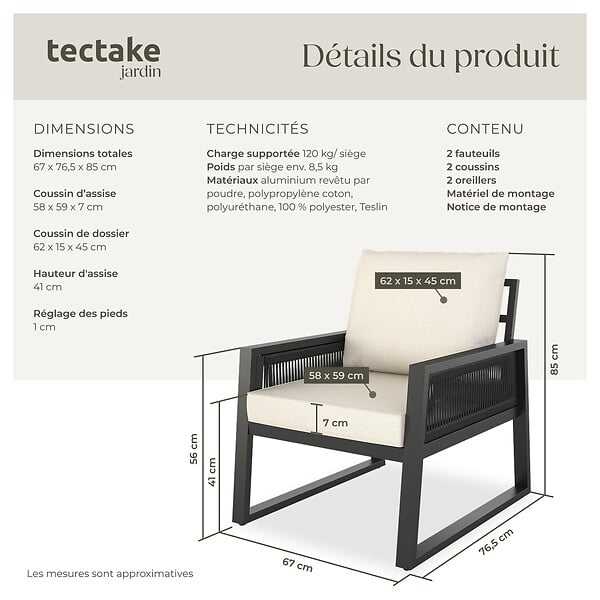 TECTAKE - Ensemble de salon de jardin en aluminium Captive au design Rope gris anthracite - large