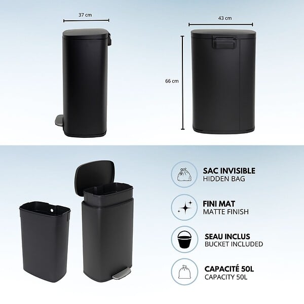 KITCHEN MOVE - Poubelle à pédale inox ADMIRAL noir 50L - large