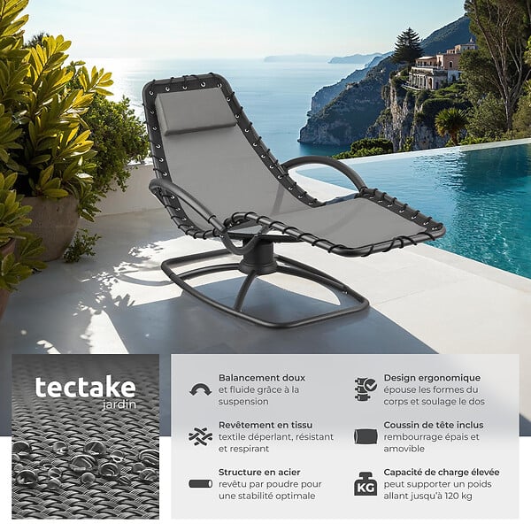 TECTAKE - Chaise longue ergonomique TOULON gris - large