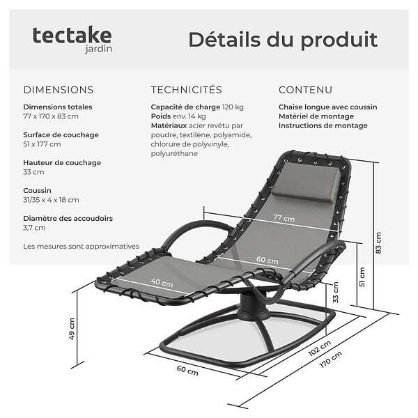 TECTAKE - Chaise longue ergonomique TOULON gris - large