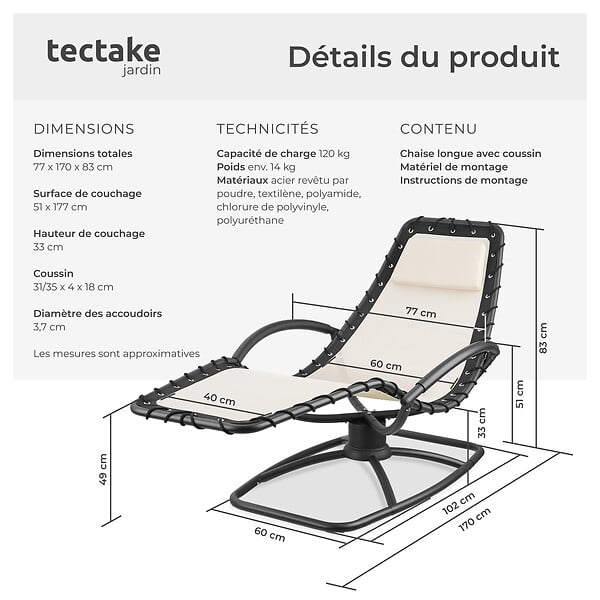 TECTAKE - Chaise longue ergonomique TOULON beige - large